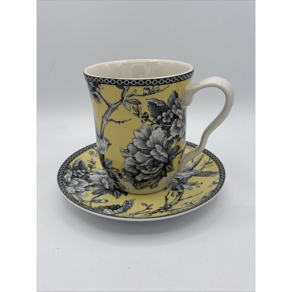 222 Fifth Adelaide Yellow Cup & Saucer Set - Fine China Toile Bird Floral